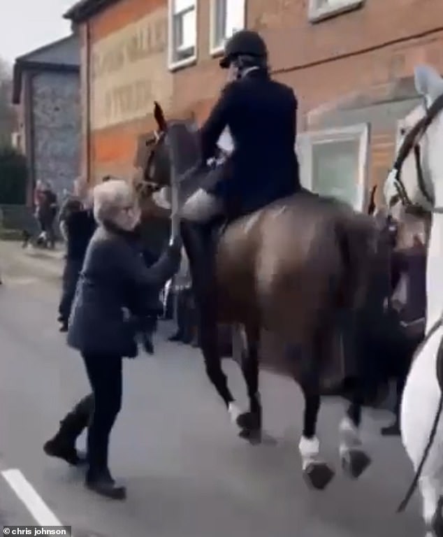 The activist, waving and waving a sign, approached the hunt while shouting 