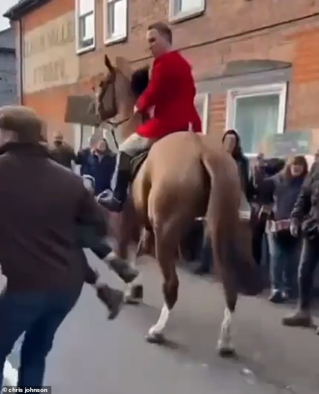 Hundreds of supporters lined the streets yesterday morning as the Kent Hounds held their first Boxing Day hunt and around 65 horses paraded through Elham Square.  A horse and rider are seen during the parade when chaos broke out