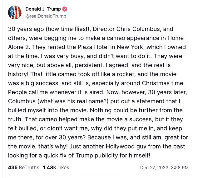 Former President Donald Trump said on Truth Social Wednesday that the filmmakers of Home Alone 2 begged him to make the cameo.  Columbus said the cameo was part of the deal Trump made to have the production take place at his Plaza Hotel