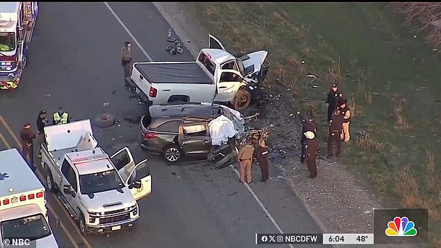 The two badly damaged vehicles – a Honda Odyssey and a Chevrolet pickup – were seen after Tuesday's crash on US 67 in Johnson County