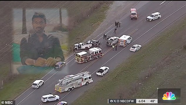 Ambulances and fire trucks are pictured at the scene of Tuesday's accident