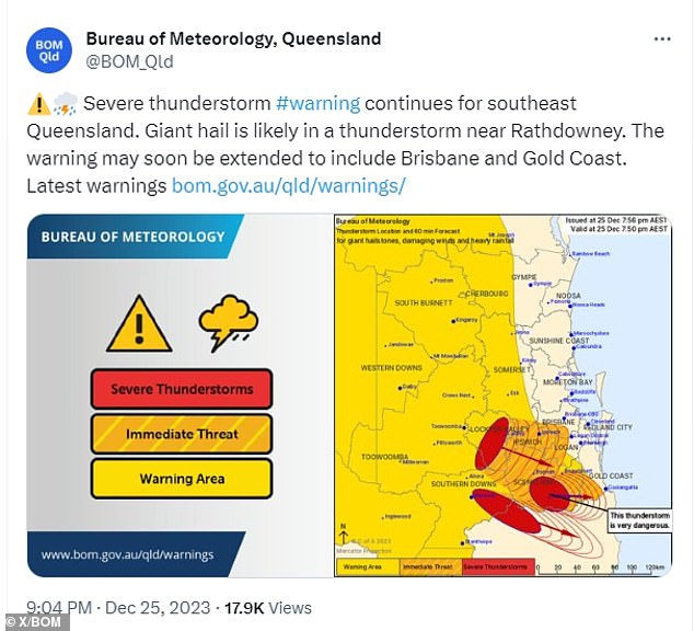 A post on BOM Queensland's Twitter account shows a severe thunderstorm warning issued at 9:04pm on Monday