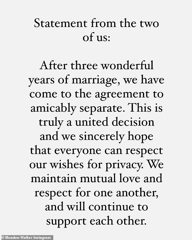 'After three wonderful years of marriage, we have come to an agreement to part amicably.  This is truly a joint decision and we sincerely hope that everyone can respect our wishes regarding privacy,” the 25-year-old model shared in a statement uploaded to Instagram.