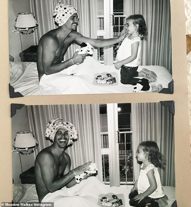 Tough time of year: On Christmas Day, Meadow shared a black and white throwback photo with her dad of them wandering around a hotel