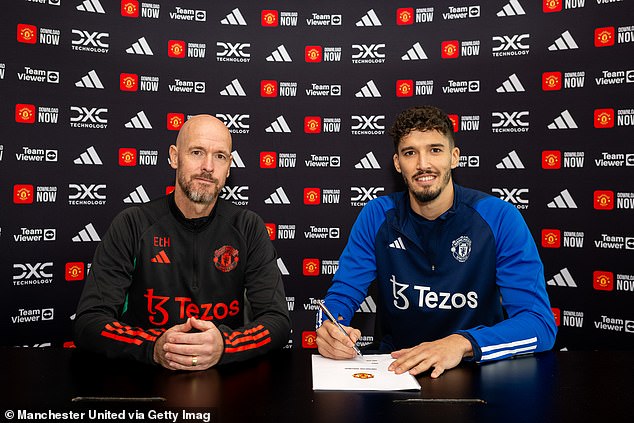 He is greeted by Erik ten Hag after completing his £4.3 million transfer on 1 September