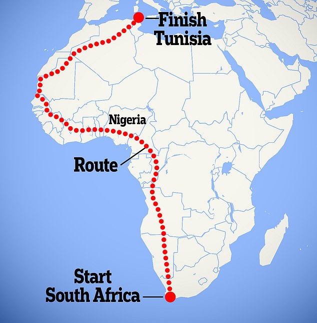 Mr Cook will travel from South Africa and through a total of 16 countries before ending in Tunisia