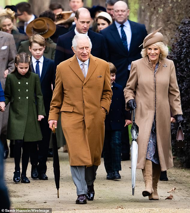 King Charles III, Prince William, Prince Louis and Queen Camilla attend the Christmas morning service at Sandringham Church on December 25, 2023