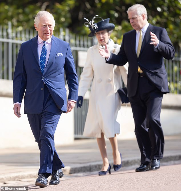 King Charles III, Princess Anne and Prince Andrew Royal attend Easter service at St George's Chapel, Windsor, April 2023