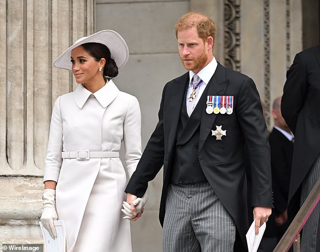 Meghan Markle and Prince Harry attend the National Service of Thanksgiving to celebrate the late Queen Elizabeth II's Platinum Jubilee at St Paul's Cathedral in June 2022