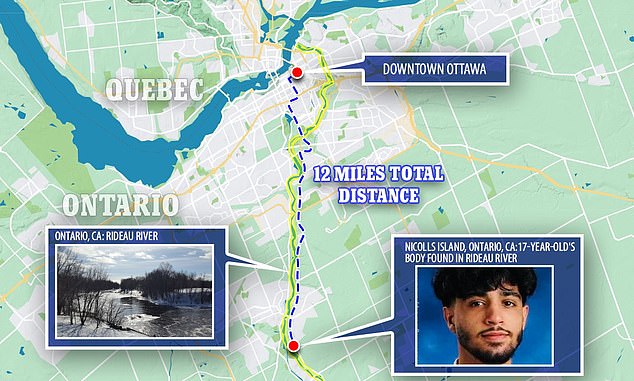 The Rideau River flows 91 miles from Upper Rideau Lake in Eastern Ontario to the Ottawa River.  The body was found near Nicholls Island Road, about 19 kilometers from downtown Ottawa