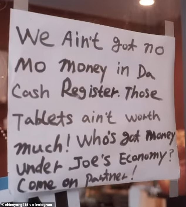 Yang displayed a handwritten sign on the door of his Kung Food restaurant telling would-be burglars that there was no cash to steal