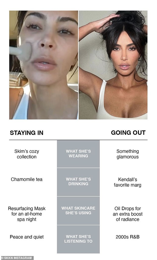 The last Story slide featured a chart with two columns, one with answers to what Kim would do for a night out on NYE, and another with answers to what she would do for a night out.