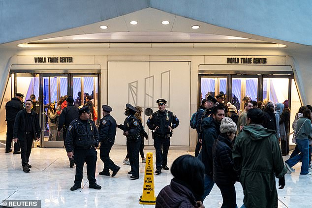 The march to the World Trade Center was focused around the entrance to the Oculus, a huge shopping center that also houses the PATH train.