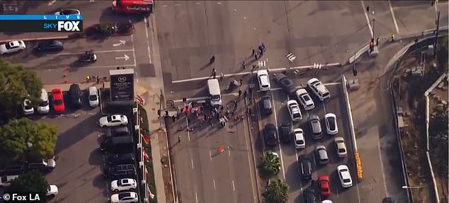 A dozen protesters were detained outside Los Angeles International Airport as they blocked access to the airport