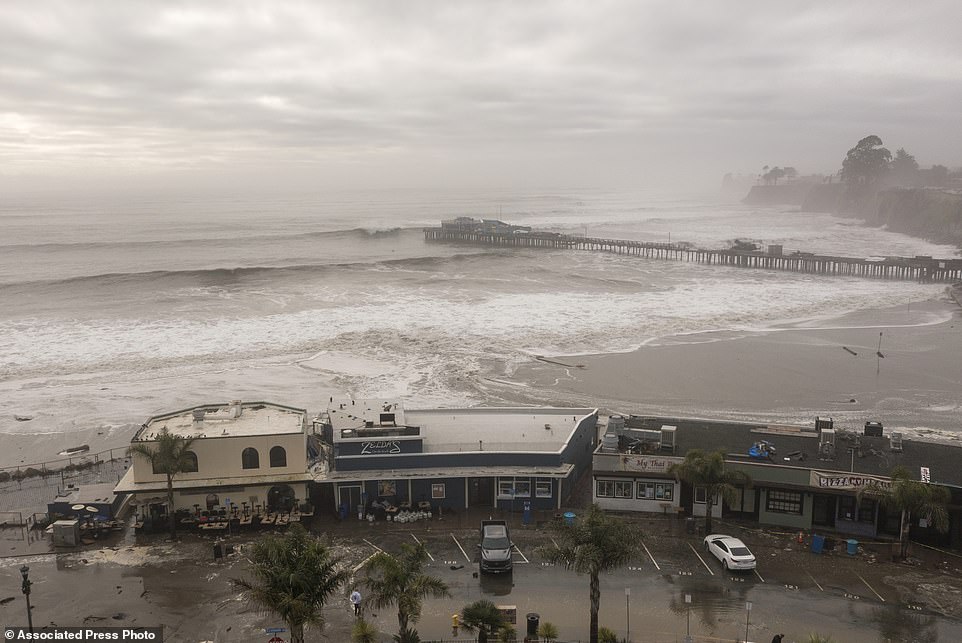 Large waves crash near Capitola, which was under an evacuation warning due to coastal flooding