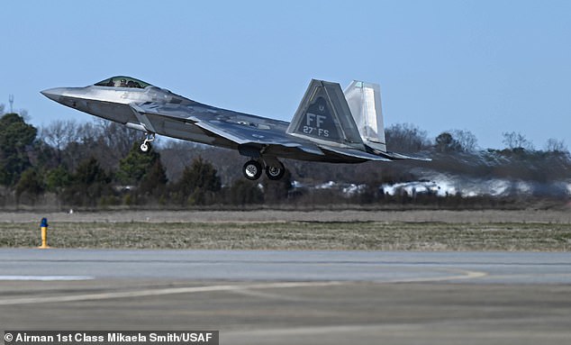 The F-22 Raptor is seen taking off from Joint Base Langley-Eustis to shoot down the balloon