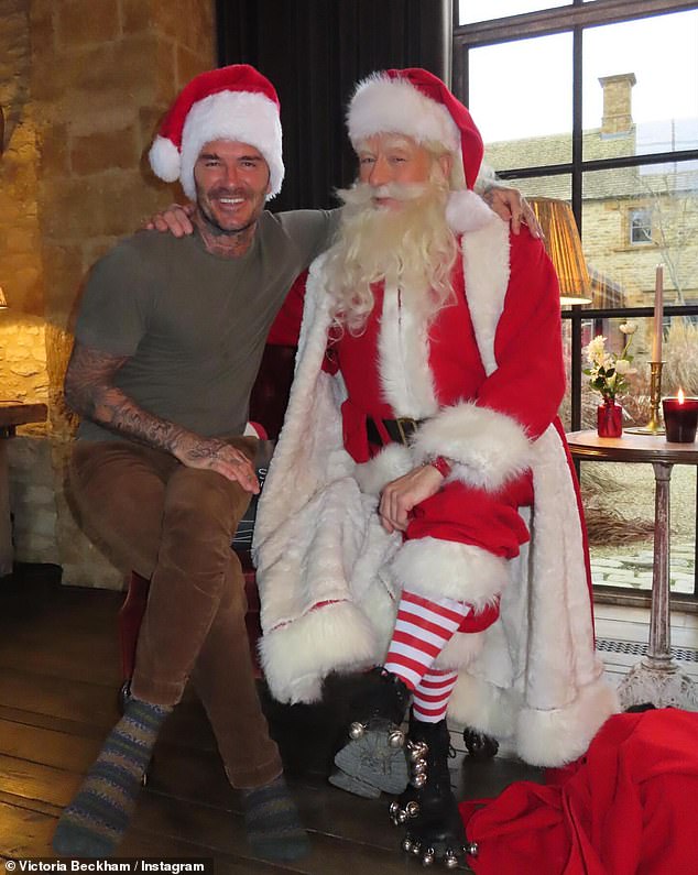 It comes after David and Victoria, 49, got into the festive spirit on Sunday as they posed with Santa Claus after he visited their sprawling country home