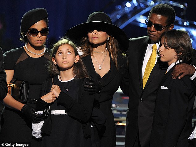 (L-R) Janet Jackson, Paris Jackson, LaToya Jackson, Jermaine Jackson and Prince Jackson attended Michael Jackson's public memorial service held in LA on July 7, 2009