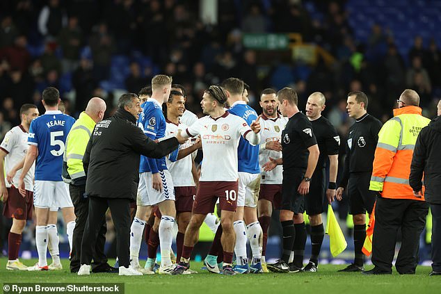 Grealish shook hands with City teammates and Everton players at the end of City's 3-1 win when head of player support and protocol Manel Estiarte intercepted him.