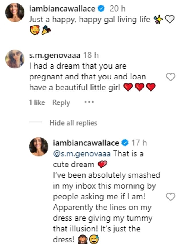 Bianca shared a comment in which she replied to another user saying she had been 'inundated' with messages asking if she was expecting