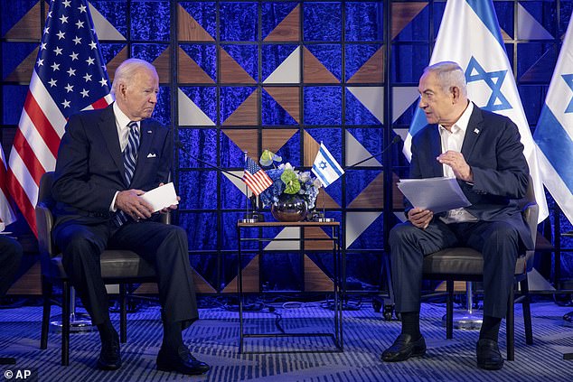 President Joe Biden, left, meets with Israeli Prime Minister Benjamin Netanyahu, right, to discuss the war between Israel and Hamas, in Tel Aviv, Israel, on October 18, 2023