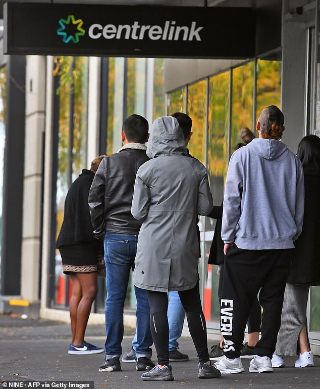 Mr Hemmler warned Australians they could be queuing to lose their pensions if they win the Lotto (photo of people queuing outside a Centrelink office)