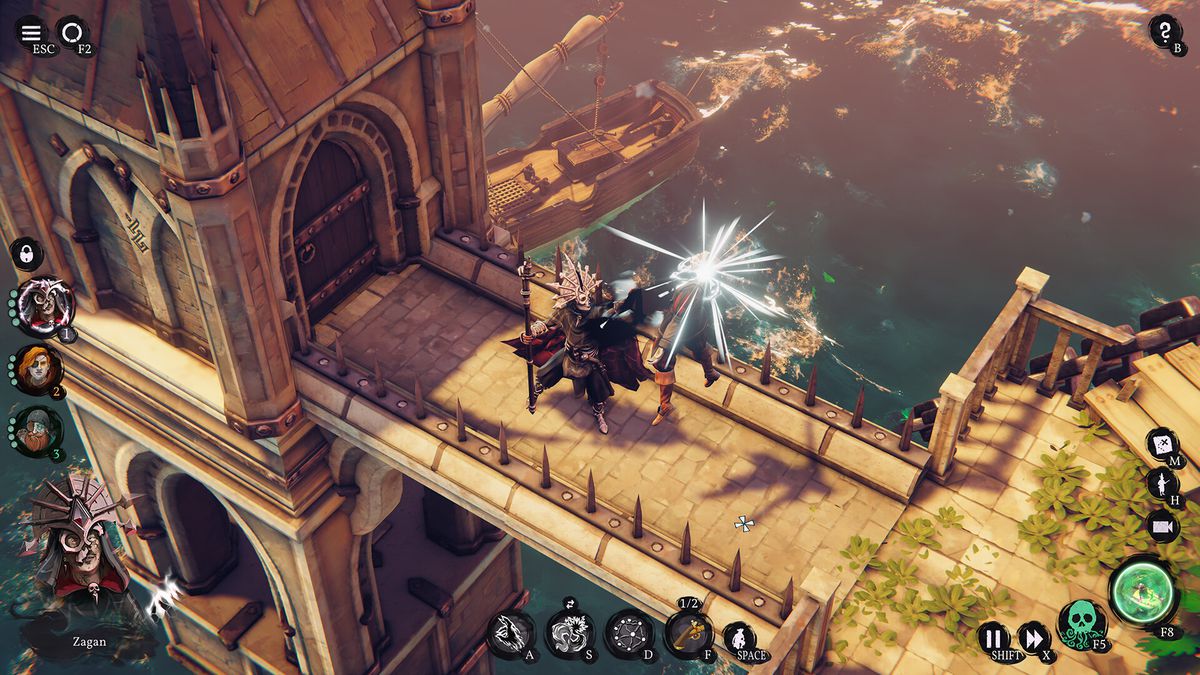 Zagan lifts an enemy in broad daylight and takes them out along the ramparts of an Inquisitorial fortress in Shadow Gambit: The Cursed Crew