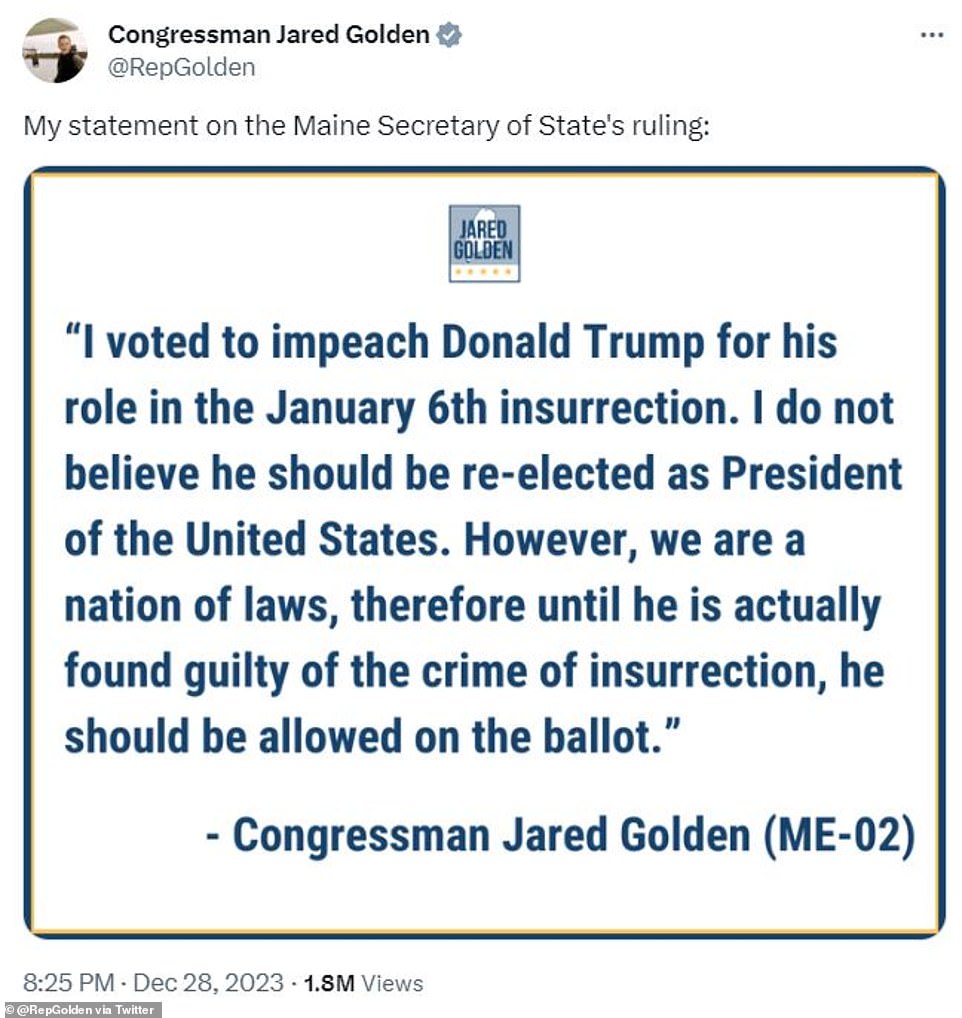 Trump's campaign immediately said it would appeal.  “Make no mistake: these partisan efforts to influence the election are a hostile attack on American democracy,” spokesman Steven Cheung said.  “Biden and the Democrats simply do not trust the American voter in free and fair elections and are now relying on the power of government institutions to protect their grip on power.”  Trump has been charged in a federal case as well as in Georgia for his role in overturning the 2020 election, but he has not been charged with insurrection in connection with the Jan. 6 attack.