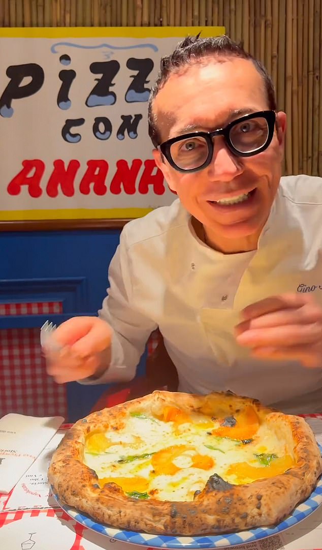 Footage shows the pizza chef demonstrating the dish that will now be available in his restaurants - and he even filmed himself taking a bite