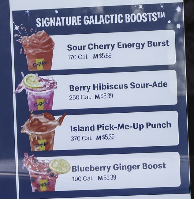 Andrea Hernandez, the founder of food and beverage platform Snaxshot, said the offering will appeal to a different audience than Starbucks and Dunkin.”  Pictured: A drinks menu at the CosMc restaurant in Bolingbrook, Illinois