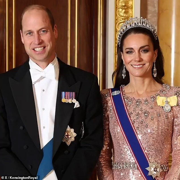 In this photo, the couple is dressed to the nines for a diplomatic reception at Buckingham Palace