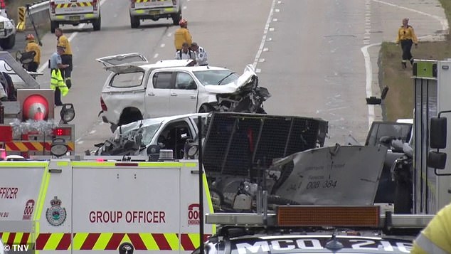 Fire and Rescue NSW service commander Phil Vaiciurgis described the crash site (pictured) as a 'confronting scene of carnage'