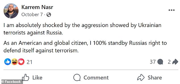 On October 7, Nasr appeared to compare the deadly Hamas attack on Israel to Ukraine's war of self-defense against the Russian invasion.