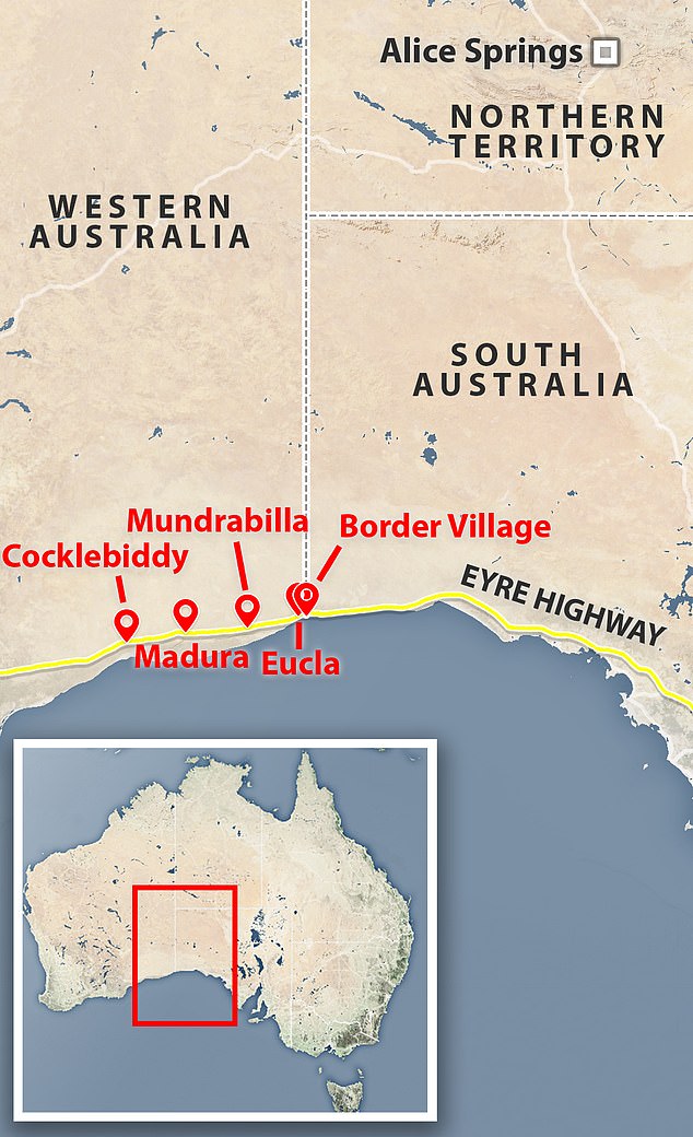 Eucla, along with Cocklebiddy, Madura and Mundrabilla in Western Australia and Border Village in South Australia, are the five roadhouse locations that use Central Western Time (map shown)