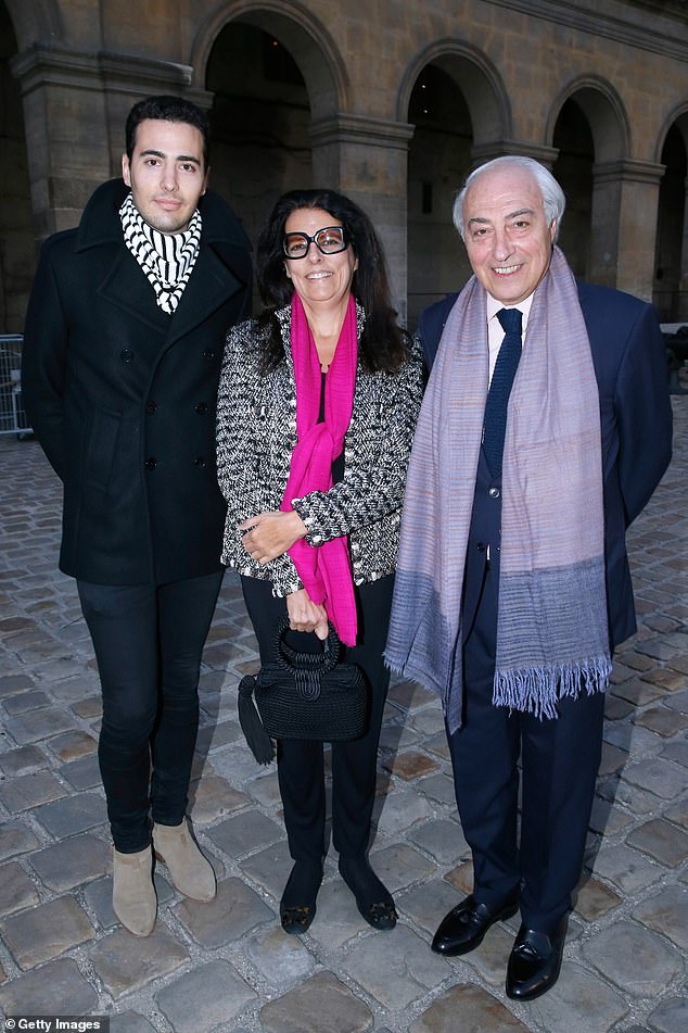 Francoise Bettencourt Meyers stands between her husband Jean-Pierre Meyers and their son Jean-Victor Meyers at 'La Traviata' - Opera en Plein Air, produced by Benjamin Patou, 'Moma Group' in 2015