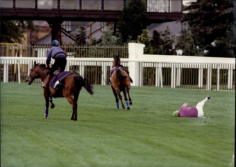 Jeff experienced the downside of life as a jockey, pictured after falling from Nicky Lee and landing on his back on the lawn