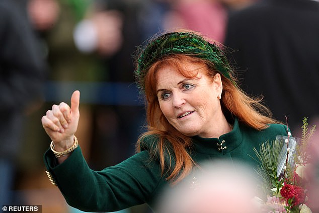 Sarah Ferguson gestures as she attends the Royal Family's Christmas service at the Church of St. Mary Magdalene