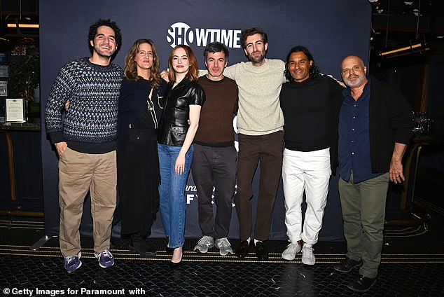 Benny Safdie, Jennifer Venditti, Emma Stone, Nathan Fielder, Dave McCary, Maceo Bishop and John Medeski attend the Curse All-Guild FYC event