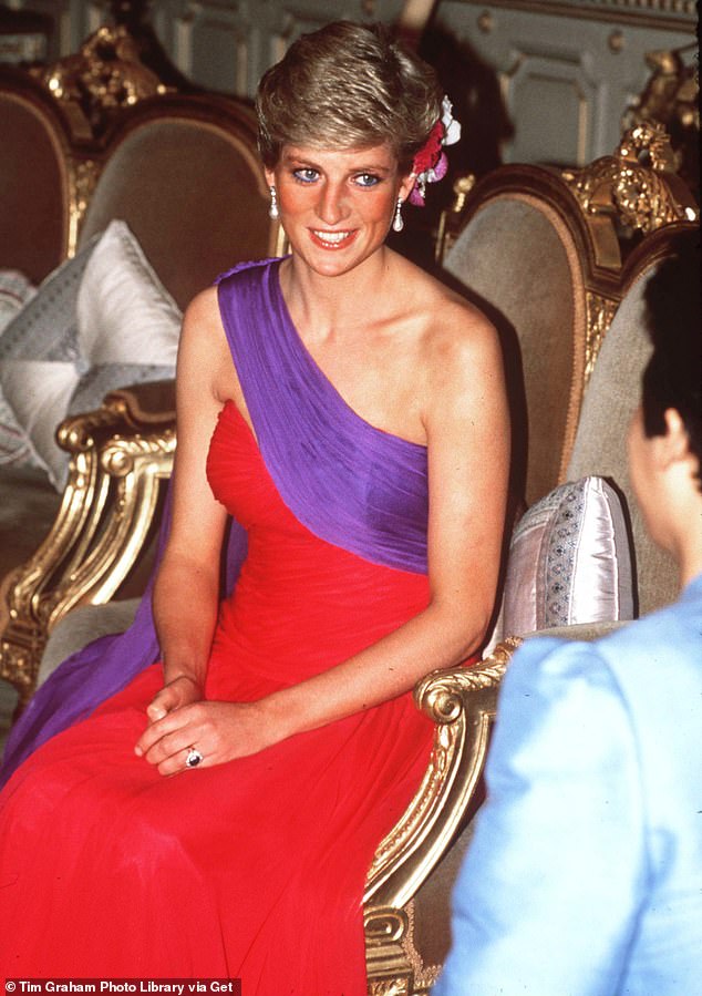 Princess Diana at a dinner in Bangkok in February 1988, wearing a red and purple chiffon evening dress by Catherine Walker