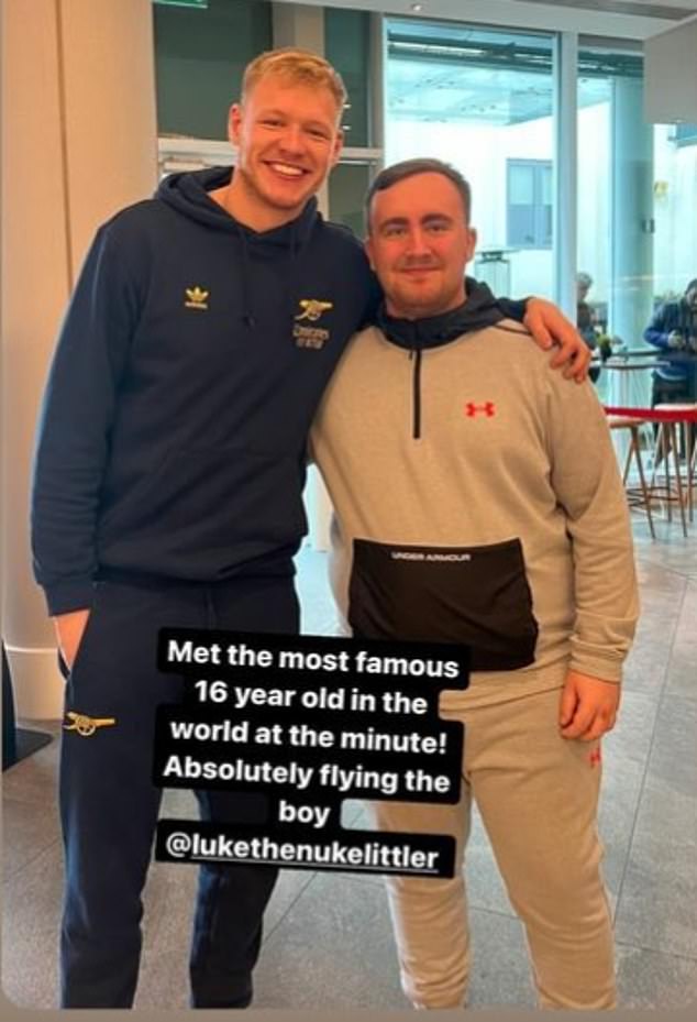 Ramsdale had a separate photo with Littler in which he said the darts star was the 'most famous 16-year-old in the world right now'