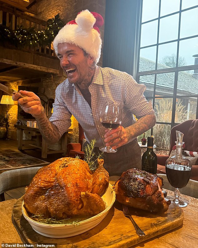 Beckham showed off his impressive cooking skills at Christmas with this huge turkey and ham