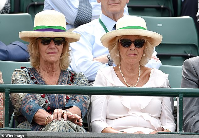 Annabel Elliot and Camilla, Duchess of Cornwall attend the Robin Hasse v Andy Murray match on day four of the Wimbledon Tennis Championships in Wimbledon on July 2, 2015