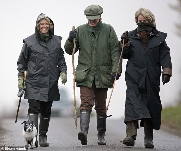 Camilla, left, walks the dog with her sister Annabel and friend at Sandringham in 2008