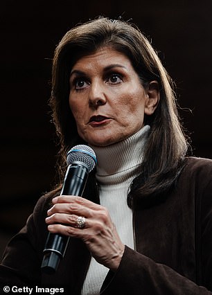 Republican presidential candidate Nikki Haley speaks to supporters after receiving the endorsement from New Hampshire Governor Chris Sununu during a town hall event at McIntyre Ski Area