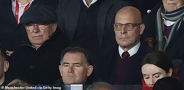 Ineos sporting director Sir Dave Brailsford (right) sat next to Sir Alex Ferguson (left) for the match on Saturday evening.  John Murtough (front, center) sat in front of them