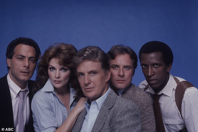 Richard Romanus (left) also appeared in the violent ABC crime show Strike Force.  He was pictured with Trisha Noble, Robert Stack, Michael Goodwin, Dorian Harewood (left to right)