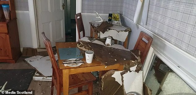 To make matters worse, the couple's business insurance refused to pay out because they were away from the property for more than 30 days and out of the country.  In the photo: Damage caused in the dining room by the flood