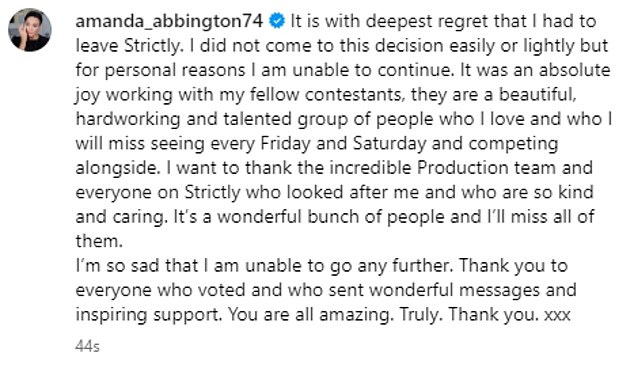 She wrote: 'It is with deepest regret that I had to leave Strictly.  