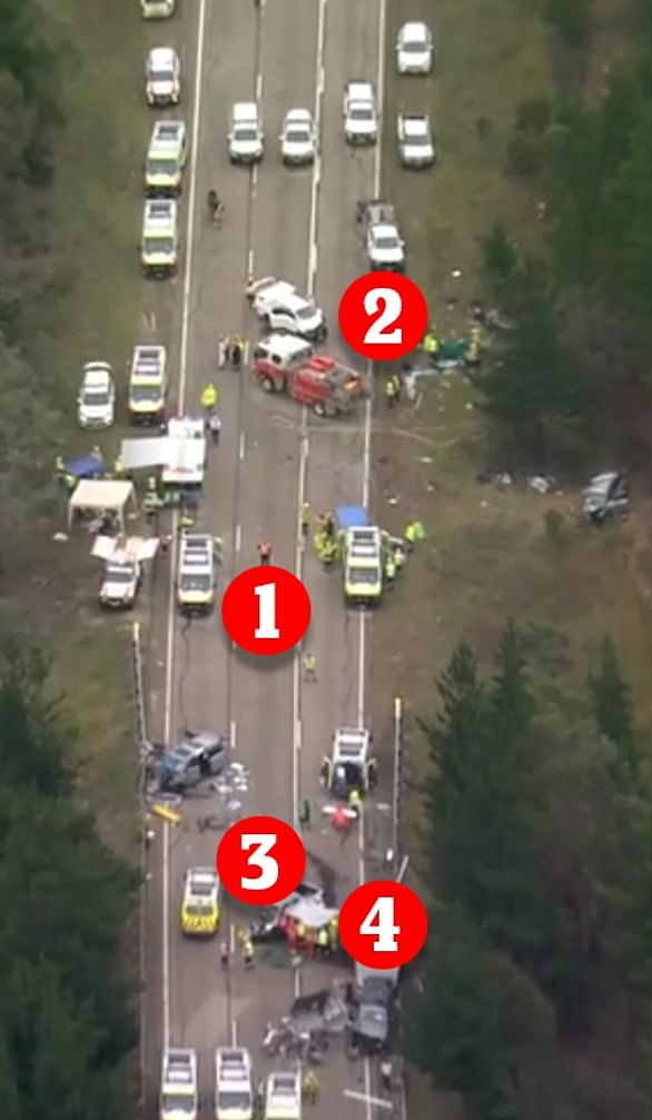 The fatal crash involving five cars happened at Wallerawang on the Great Western Highway near Lithgow, west of the Blue Mountains, at 12.50pm on Friday.