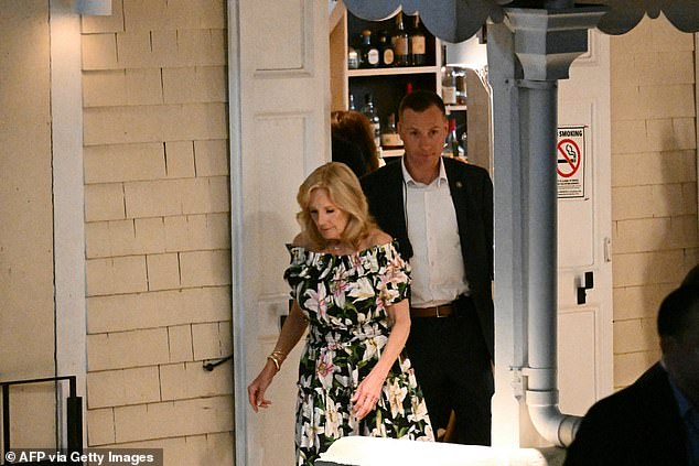 Jill Biden leaves Too.Chez restaurant in downtown Christiansted in St. Croix